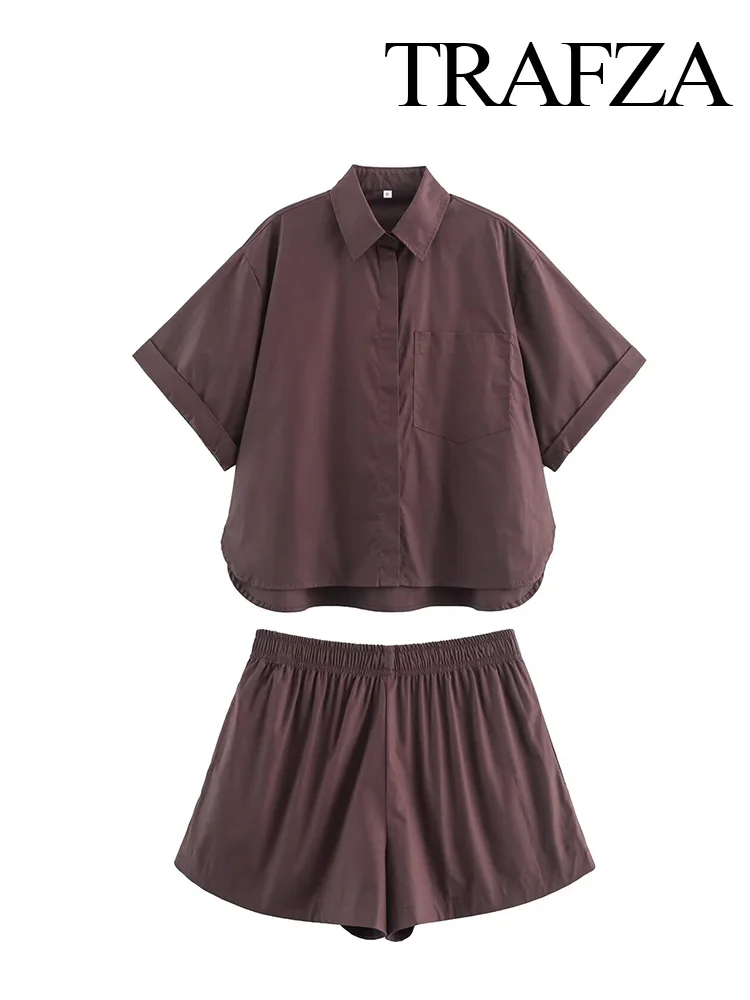 TRAFZA Women Fashion Pockets Short Sleeve Solid Lapel Suits Single-Breasted Shirts+Casual High Waist Pleated Mini Poplin Shorts
TRAFZA Women Fashion Pockets Short Sleeve Solid Lapel Suits Single-Breasted Shirts+Casual High Waist Pleated Mini Poplin Shorts