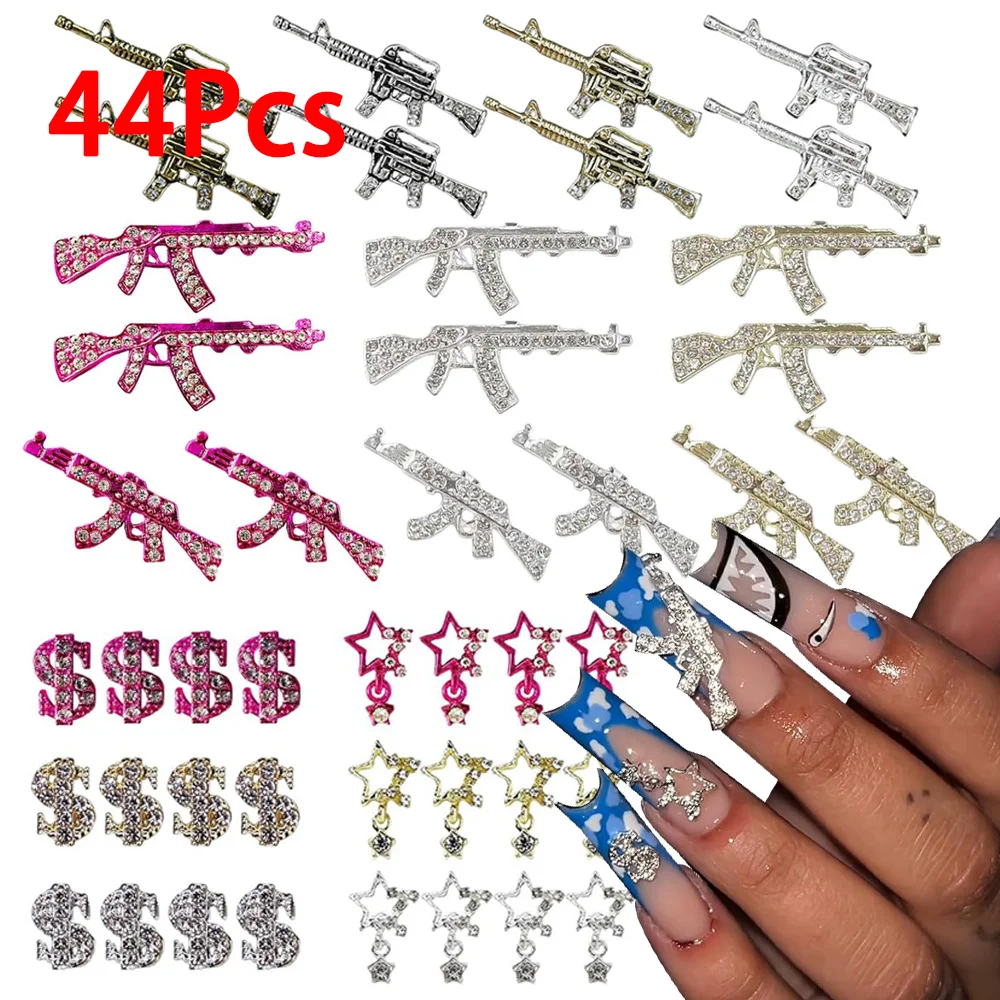 44Pcs 3D Alloy Gun Nail Art Charms Gold/Silver/Pink Inlaid Gem Star/DollarSign Rhinestone Women Luxury Metal Manicure Decoration
44Pcs 3D Alloy Gun Nail Art Charms Gold/Silver/Pink Inlaid Gem Star/DollarSign Rhinestone Women Luxury Metal Manicure Decoration
