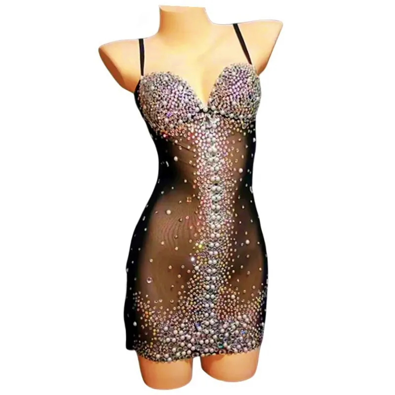 Women Sexy Nightclub Bar Pearl Rhinestones Sling Dress Black Mesh Short Transparent Stage Costume Singer Photographs Clothing
Women Sexy Nightclub Bar Pearl Rhinestones Sling Dress Black Mesh Short Transparent Stage Costume Singer Photographs Clothing