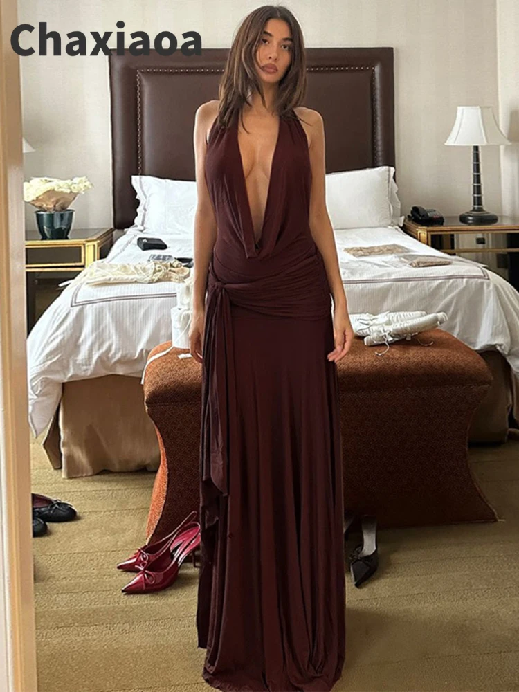 Chaxiaoa Halter Deep V Neck Sexy Maxi Dress for Women Gown Sleeveless Backless Thigh High Split Ruched Bodycon Long Dress
Chaxiaoa Halter Deep V Neck Sexy Maxi Dress for Women Gown Sleeveless Backless Thigh High Split Ruched Bodycon Long Dress