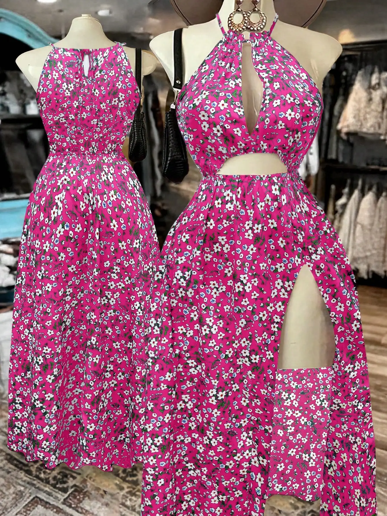 Womens Halter Neck Floral Maxi Dress With Cut-Out And Side Slit, Vintage Ditsy Print Summer Beach Wear
Womens Halter Neck Floral Maxi Dress With Cut-Out And Side Slit, Vintage Ditsy Print Summer Beach Wear