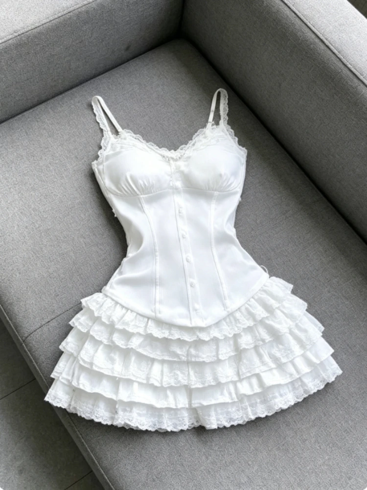 Summer New Sexy Y2K Satin Lace Slim Fit Cami Top High Waist White Mini Tiered Cake Skirt 2 Piece Set Women Clubwear Daily Wear
Summer New Sexy Y2K Satin Lace Slim Fit Cami Top High Waist White Mini Tiered Cake Skirt 2 Piece Set Women Clubwear Daily Wear