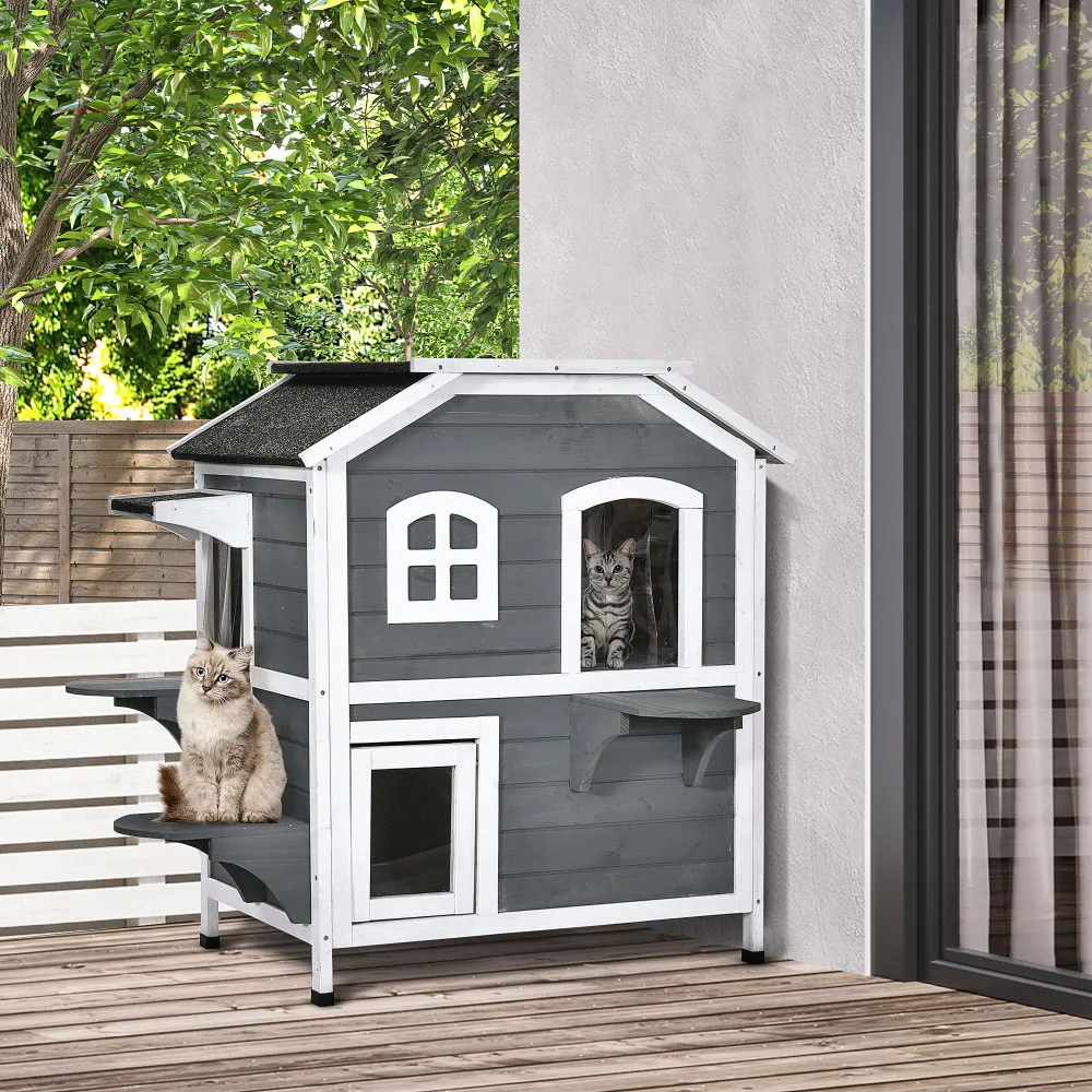 2-story Cat House Outdoor, Weatherproof Wooden Cat Enclosure for Feral Cats with Escape Door, Openable Roof, Jumping Platforms
2-story Cat House Outdoor, Weatherproof Wooden Cat Enclosure for Feral Cats with Escape Door, Openable Roof, Jumping Platforms