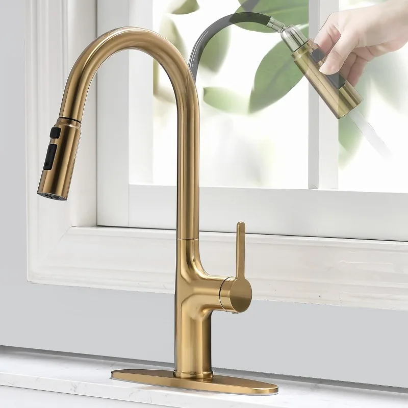 Brushed Gold Kitchen Faucet, Single Handle Gold Kitchen Sink Faucet with Pull Down Sprayer Modern Stainless Steel Brass
Brushed Gold Kitchen Faucet, Single Handle Gold Kitchen Sink Faucet with Pull Down Sprayer Modern Stainless Steel Brass