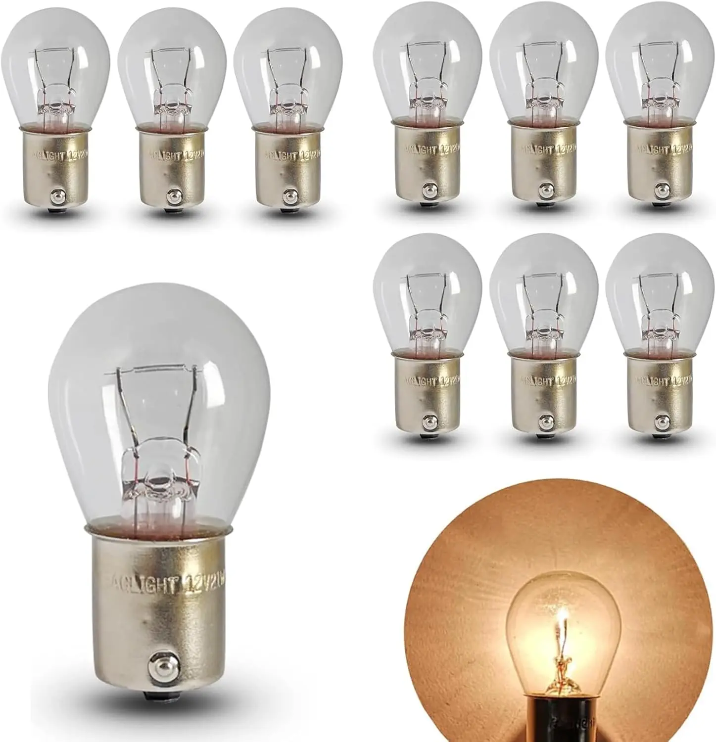 Pack-10 1156 Turn Signal Lights, P21W 1141 S25 Waterproof High Brightness 12V 21W BA15S Single Contact Halogen Bulbs, 360 Degree
Pack-10 1156 Turn Signal Lights, P21W 1141 S25 Waterproof High Brightness 12V 21W BA15S Single Contact Halogen Bulbs, 360 Degree