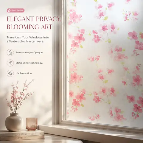 Watercolor Sakura Design Self-Adhesive Frosted Glass Sticker for Privacy Window Decorations