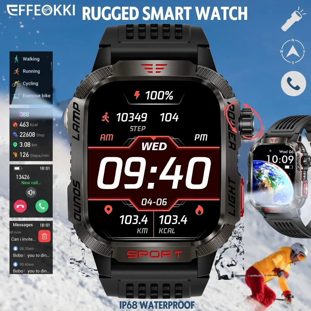 EFFEOKKI Rugged Smartwatch Large IPS Display, Wireless Calls, 100+ Sport Modes, Altitude Monitor, Compass, IP68 Waterproof
EFFEOKKI Rugged Smartwatch Large IPS Display, Wireless Calls, 100+ Sport Modes, Altitude Monitor, Compass, IP68 Waterproof