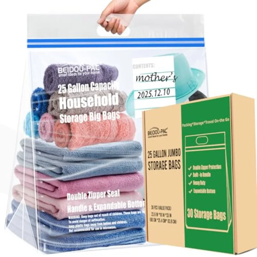 25 lon Jumbo Storage Bags with Handle 30 Counts Double per Seal Expandable Bottom Resealable Clear zip Bags for Home Travel Mov
25 lon Jumbo Storage Bags with Handle 30 Counts Double per Seal Expandable Bottom Resealable Clear zip Bags for Home Travel Mov