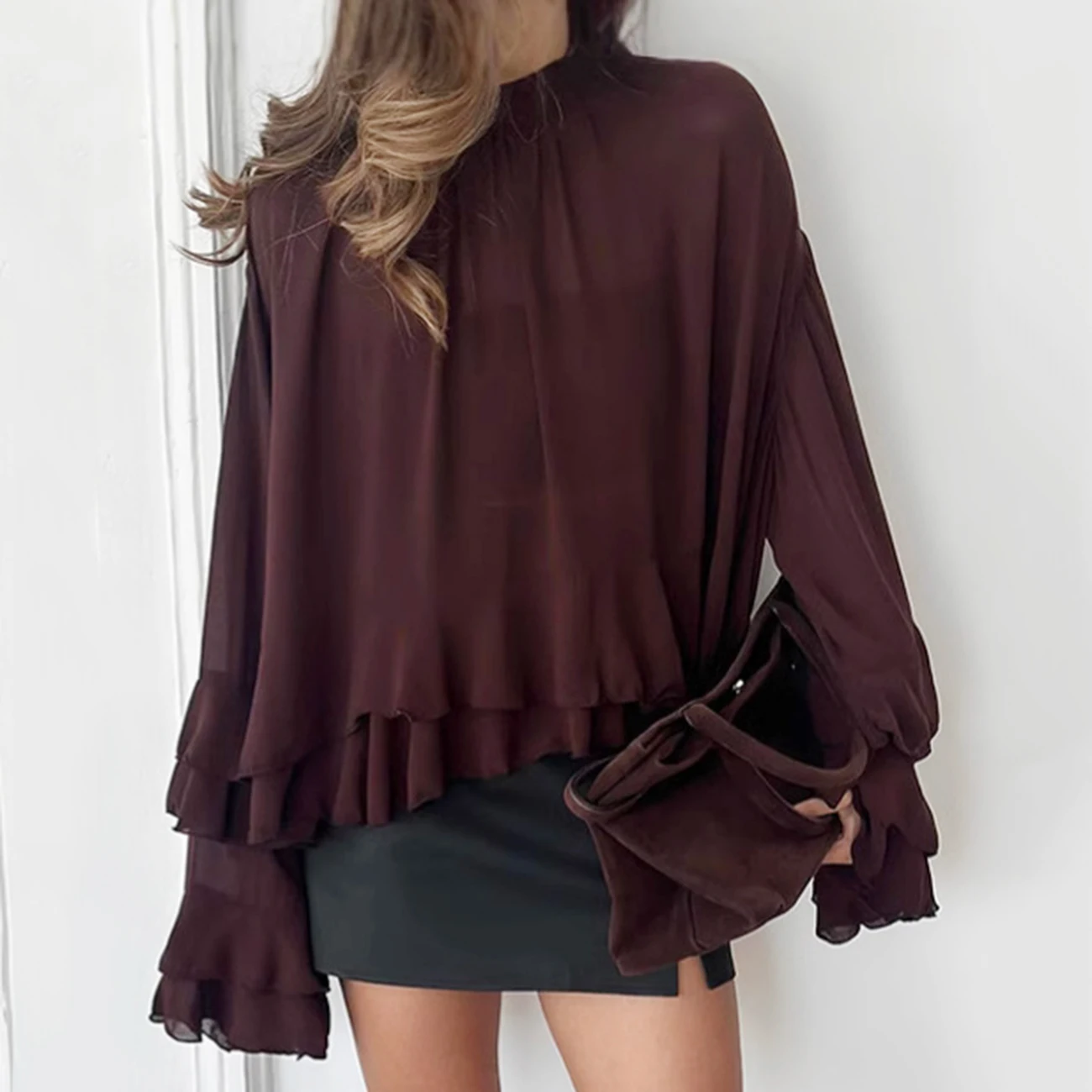 WXOY Women's casual shirt, solid color chiffon summer top with ruffled long sleeve Ruffle layered design
WXOY Women's casual shirt, solid color chiffon summer top with ruffled long sleeve Ruffle layered design