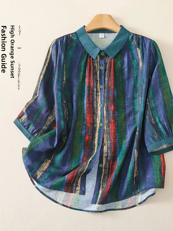 High-End Striped Print Women's Shirt Large Size Artistic Style Short Sleeve Mid-Aged Mommy's Wear Casual Loose Fit Breathable
High-End Striped Print Women's Shirt Large Size Artistic Style Short Sleeve Mid-Aged Mommy's Wear Casual Loose Fit Breathable