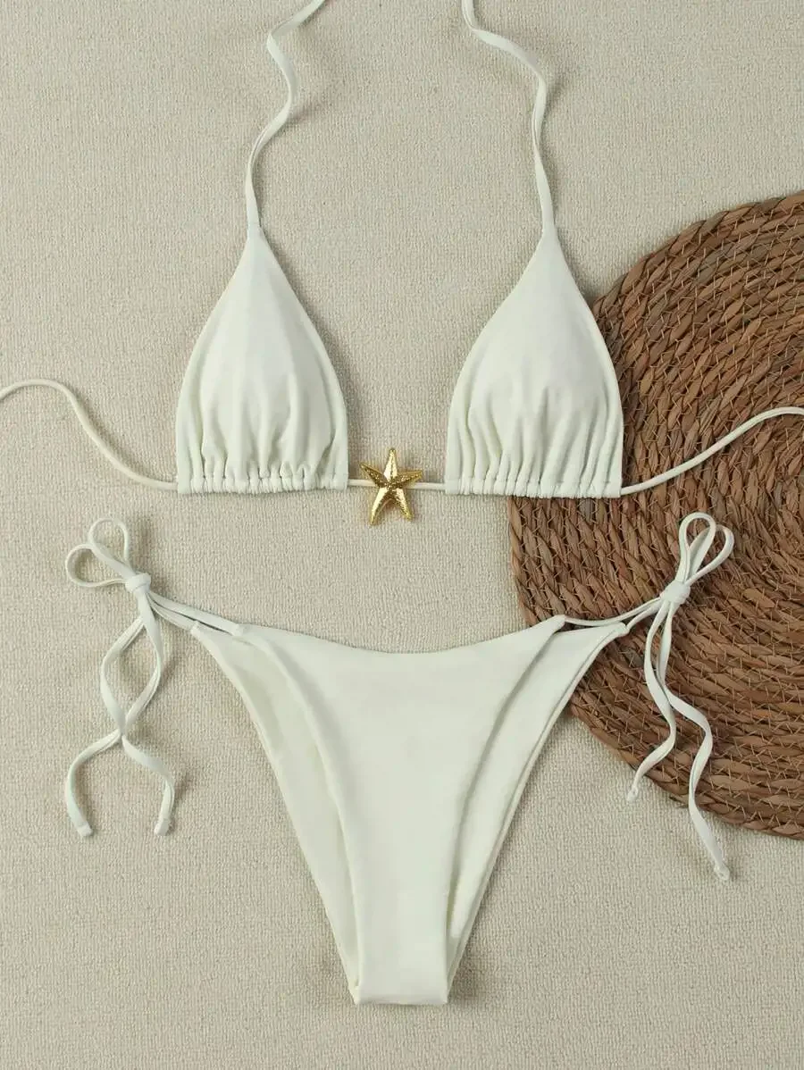 Women Solid Color Triangle Bikini Set With Starfish Decor High Stretch Quick Dry Beach Swimwear
Women Solid Color Triangle Bikini Set With Starfish Decor High Stretch Quick Dry Beach Swimwear