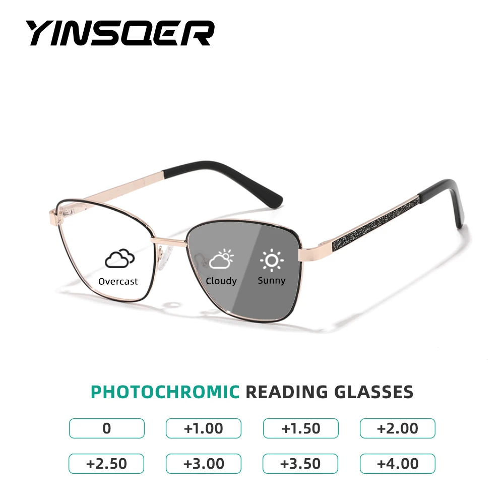 Women's Photochromic Reading Glasses Cat-Eye Metal Frame Custom Diopters Glittering Crystal Bead Temples UV Blocking Best Seller
Women's Photochromic Reading Glasses Cat-Eye Metal Frame Custom Diopters Glittering Crystal Bead Temples UV Blocking Best Seller