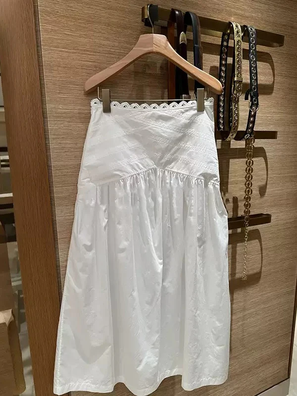 White Embroidered Lace Hem Midi Skirt Spring 2025 High Waist Cotton Gored A-Line Skirt Commute Style Pure Color Loose Fit
White Embroidered Lace Hem Midi Skirt Spring 2025 High Waist Cotton Gored A-Line Skirt Commute Style Pure Color Loose Fit