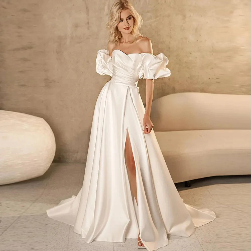 Elegant A Line Wedding Dresses For Women Gorgeous Satin Off Shoulder Fluffy Sleeves With High Slit Sexy Backless Bridal Gowns
Elegant A Line Wedding Dresses For Women Gorgeous Satin Off Shoulder Fluffy Sleeves With High Slit Sexy Backless Bridal Gowns