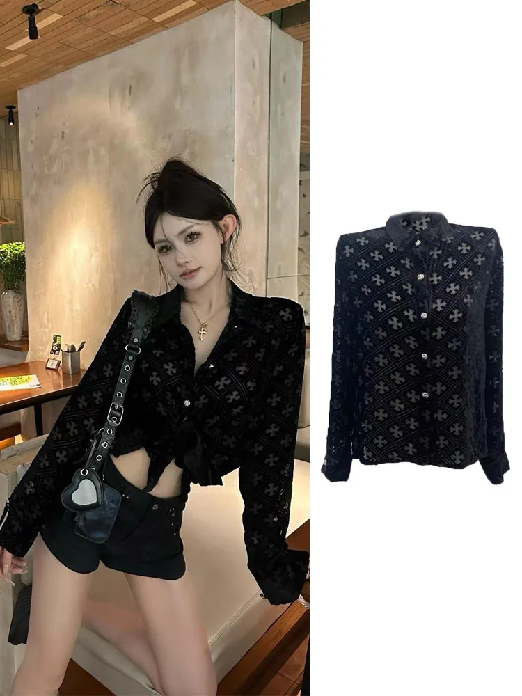Black Velvet Long Sleeve Shirt Jacket Women's EXJRjennie Yu Shu Xin Sanskrit Letter Cross Design Vintage Style Slim Fit Cotton
Black Velvet Long Sleeve Shirt Jacket Women's EXJRjennie Yu Shu Xin Sanskrit Letter Cross Design Vintage Style Slim Fit Cotton