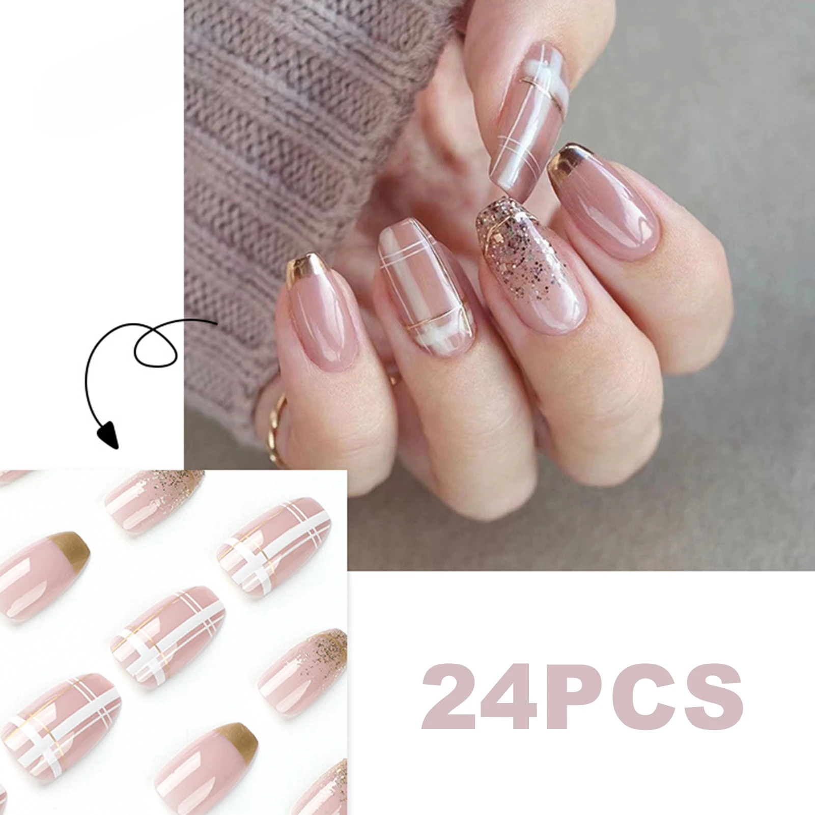 24 шт. съемных накладных ногтей с золотым френч-дизайном, акриловые наклейки для ногтей, искусственные акриловые типсы для маникюра, набор для накладных ногтей
24 шт. съемных накладных ногтей с золотым френч-дизайном, акриловые наклейки для ногтей, искусственные акриловые типсы для маникюра, набор для накладных ногтей