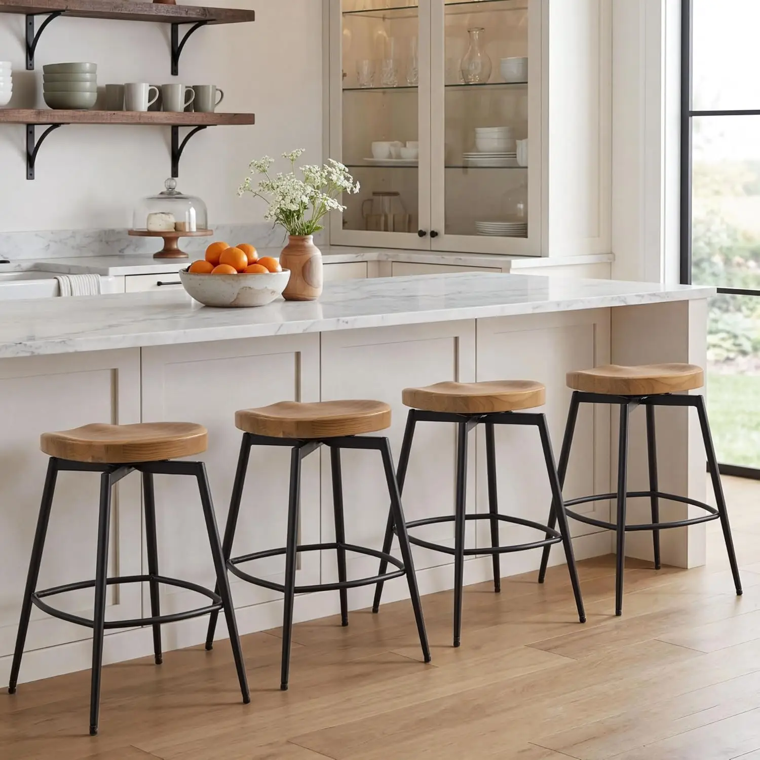 25in Wooden Counter Stool Set of 4 Swivel Backless Saddle Seat Footrest Kitchen Island Pub Walnut, Customized
25in Wooden Counter Stool Set of 4 Swivel Backless Saddle Seat Footrest Kitchen Island Pub Walnut, Customized