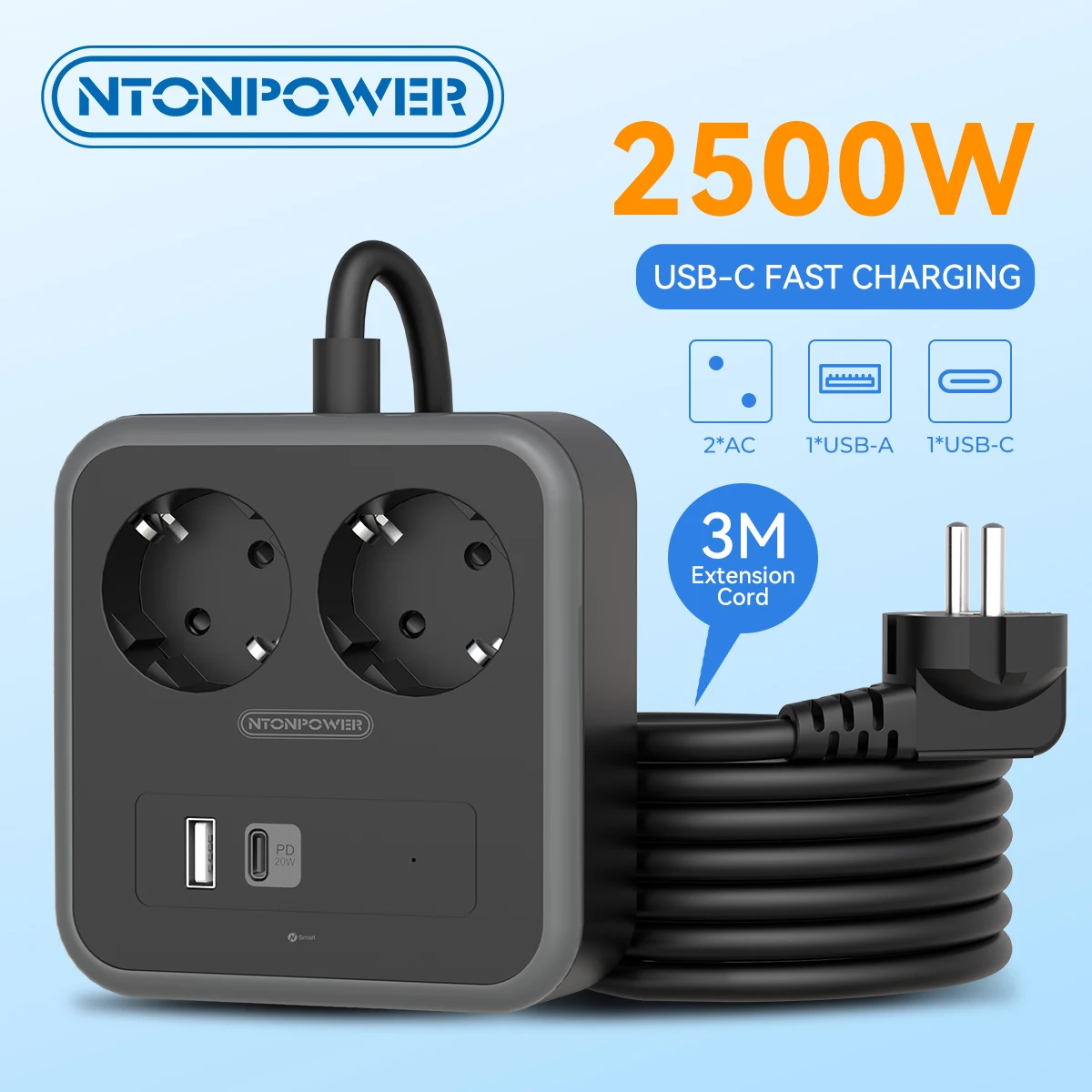 NTONPOWER Electrical Socket EU Plug Extension Socket Outlet Surge Protector EU Power Strip with 2 USB Type C Super Charger Ports
NTONPOWER Electrical Socket EU Plug Extension Socket Outlet Surge Protector EU Power Strip with 2 USB Type C Super Charger Ports