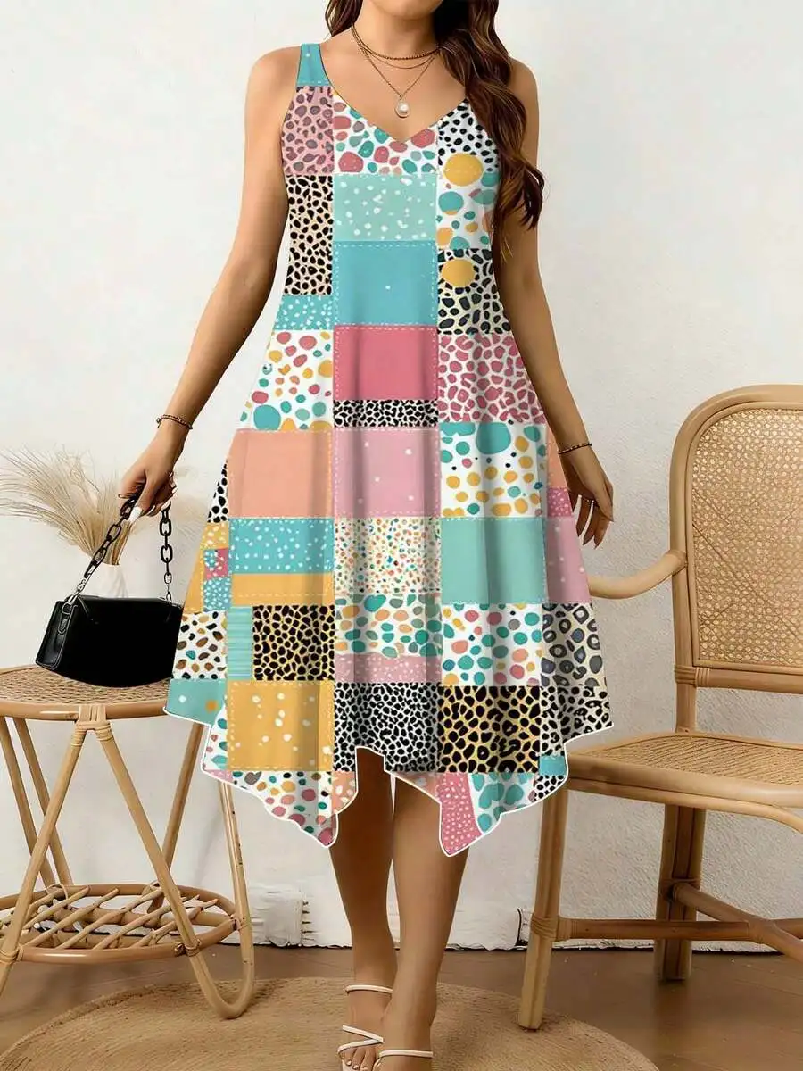 Sleeveless V-Neck Patchwork Dress Featuring Leopard, Polka Dot And Geometric Prints, Asymmetrical Hem For Spring Summer Casual
Sleeveless V-Neck Patchwork Dress Featuring Leopard, Polka Dot And Geometric Prints, Asymmetrical Hem For Spring Summer Casual
