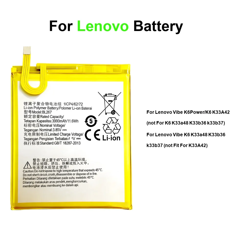 BL267 BL272 For Lenovo Vibe K6 Power k33a42 XT1662 Not Fit k33a48 k33b36 k33b37 3000-4000mAh Mobile Phone Battery
BL267 BL272 For Lenovo Vibe K6 Power k33a42 XT1662 Not Fit k33a48 k33b36 k33b37 3000-4000mAh Mobile Phone Battery