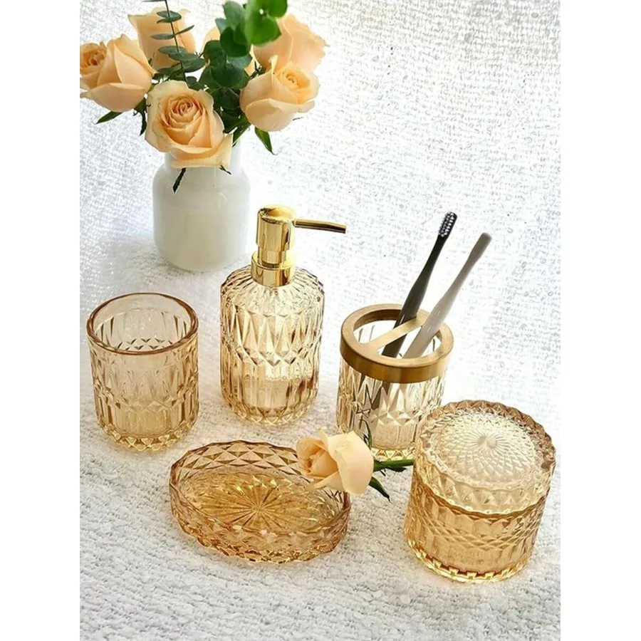 5-Piece Glass Bathroom Accessory Set With Gold Trim, Modern Vintage Soap Dispenser, Toothbrush Holder, Tumbler, Tray and Jar, C
5-Piece Glass Bathroom Accessory Set With Gold Trim, Modern Vintage Soap Dispenser, Toothbrush Holder, Tumbler, Tray and Jar, C