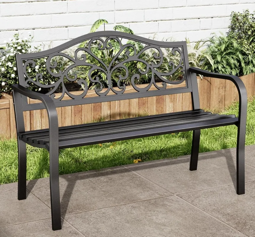 43.7 Inches Outdoor Garden Bench, Cast Iron Metal Frame Patio Park Outside Benches with Floral Pattern Backrest for Fro 
43.7 Inches Outdoor Garden Bench, Cast Iron Metal Frame Patio Park Outside Benches with Floral Pattern Backrest for Fro