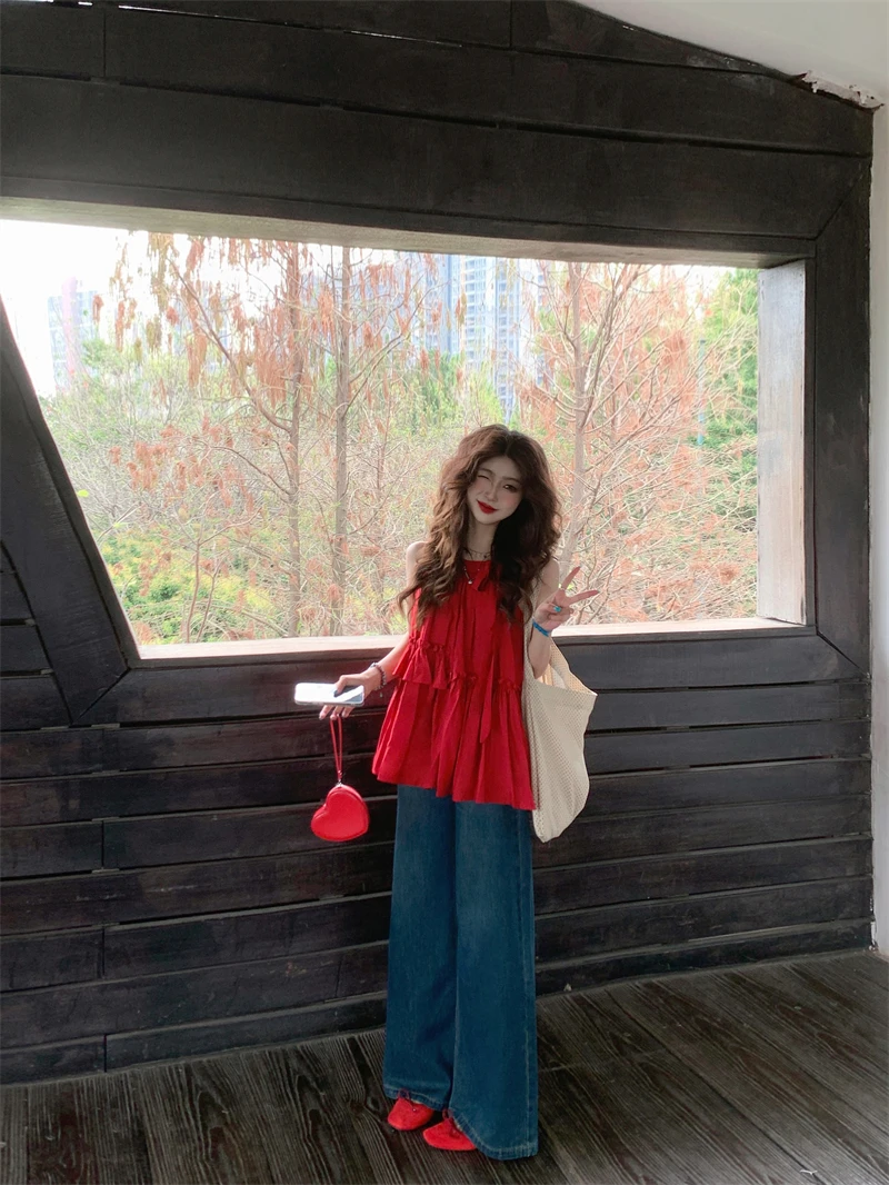 Kumikumi Red Chic Off-Shoulder Loose Casual Top for Women Summer Breathable Comfortable Versatile round Neckline Sleeveless
Kumikumi Red Chic Off-Shoulder Loose Casual Top for Women Summer Breathable Comfortable Versatile round Neckline Sleeveless