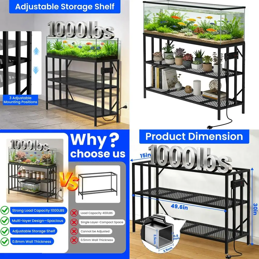 Heavy-Duty Metal Stand for 55-75 Gallon Aquariums, 3-Tier Adjustable Shelving, 1000 lbs Capacity, Black
Heavy-Duty Metal Stand for 55-75 Gallon Aquariums, 3-Tier Adjustable Shelving, 1000 lbs Capacity, Black