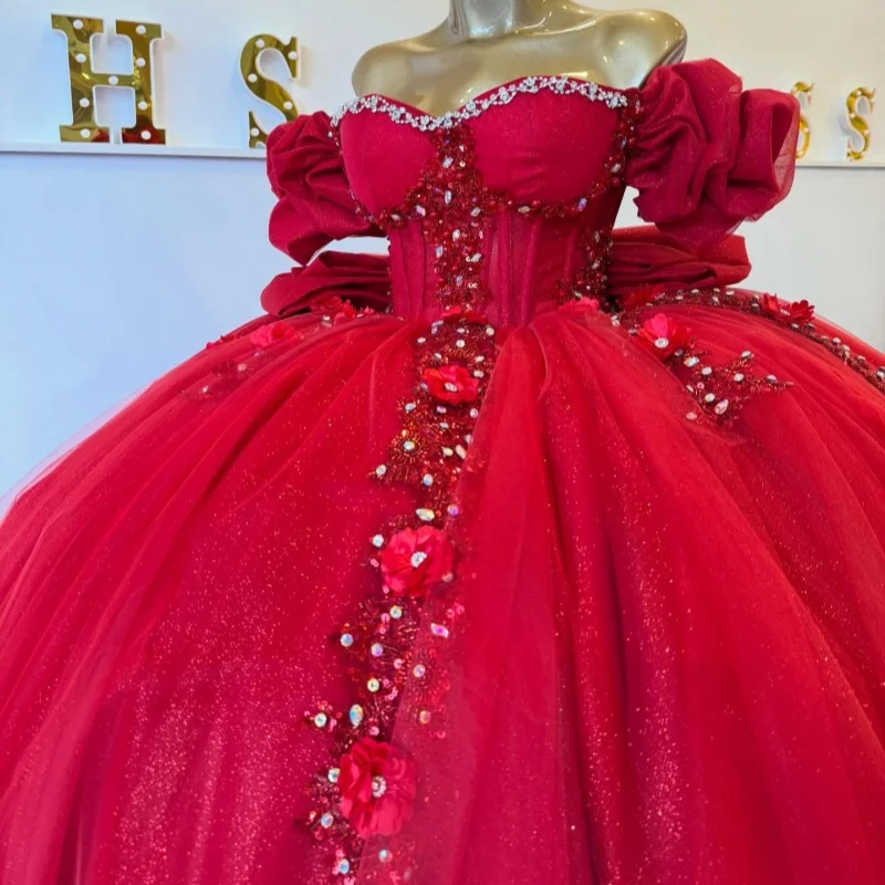 Red Quinceanera Dress off-shoulder Crystal 3D Flower Glitter Decal Long tail Bow vestidos de 15 Quinceanera Customize
Red Quinceanera Dress off-shoulder Crystal 3D Flower Glitter Decal Long tail Bow vestidos de 15 Quinceanera Customize