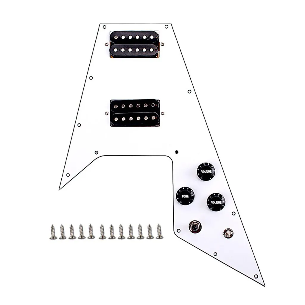 White 3 Ply Loaded Prewired Pickguard for flying V Guitar
White 3 Ply Loaded Prewired Pickguard for flying V Guitar
