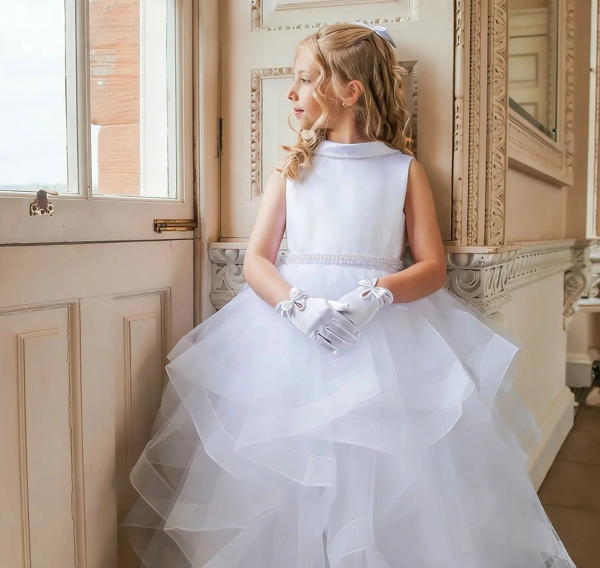 Princess Customized Flower Girl Dress for Wedding with Bow Pearls Tulle Tiered Kids Birthday Party First Communion Ball Gowns
Princess Customized Flower Girl Dress for Wedding with Bow Pearls Tulle Tiered Kids Birthday Party First Communion Ball Gowns