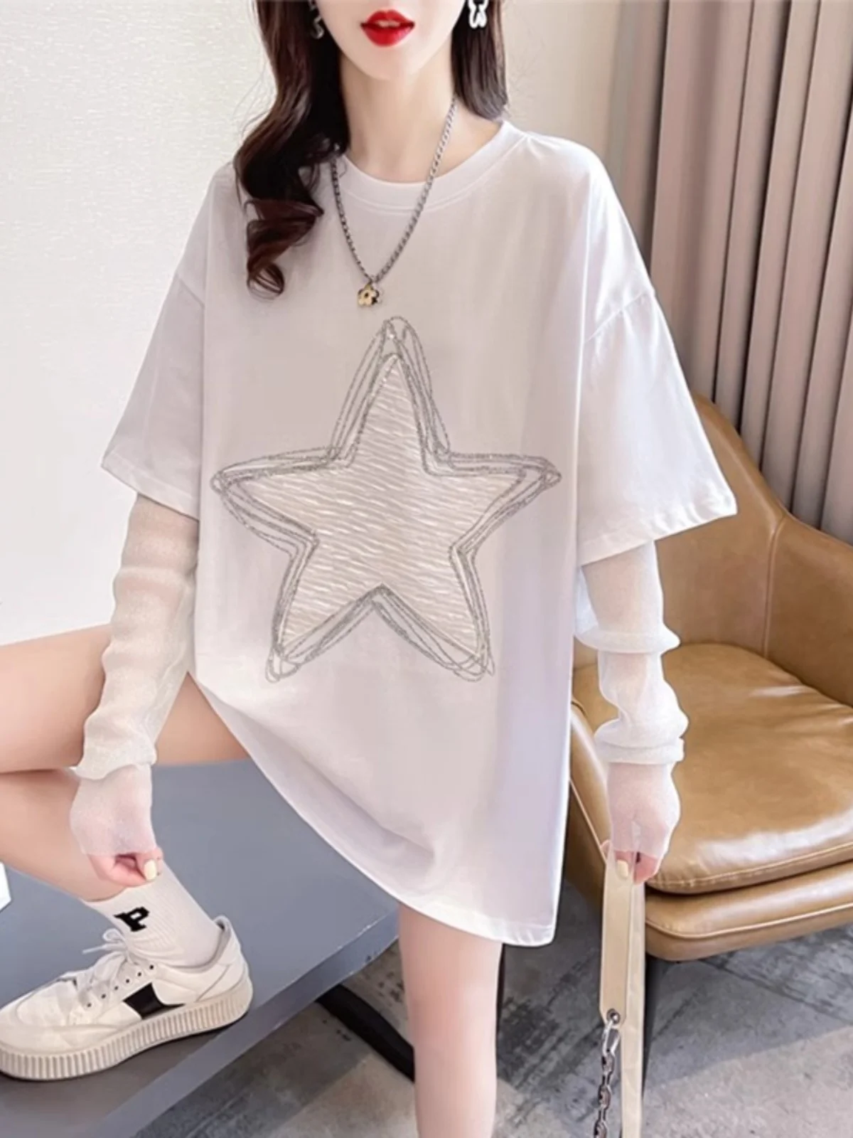 Loose Long Sleeve T-Shirt Women Summer New plus Size Korean Design Sense Top Fake Two-Piece Geometric Pattern Bamboo Cotton
Loose Long Sleeve T-Shirt Women Summer New plus Size Korean Design Sense Top Fake Two-Piece Geometric Pattern Bamboo Cotton