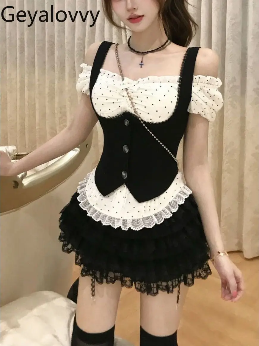 Summer Women's 3 Piece Sets Preppy Sweet Cute Girl's Off-the-shoulder Polka Dot Top and Cinched Waist Vest with Tutu Skirt Set
Summer Women's 3 Piece Sets Preppy Sweet Cute Girl's Off-the-shoulder Polka Dot Top and Cinched Waist Vest with Tutu Skirt Set
