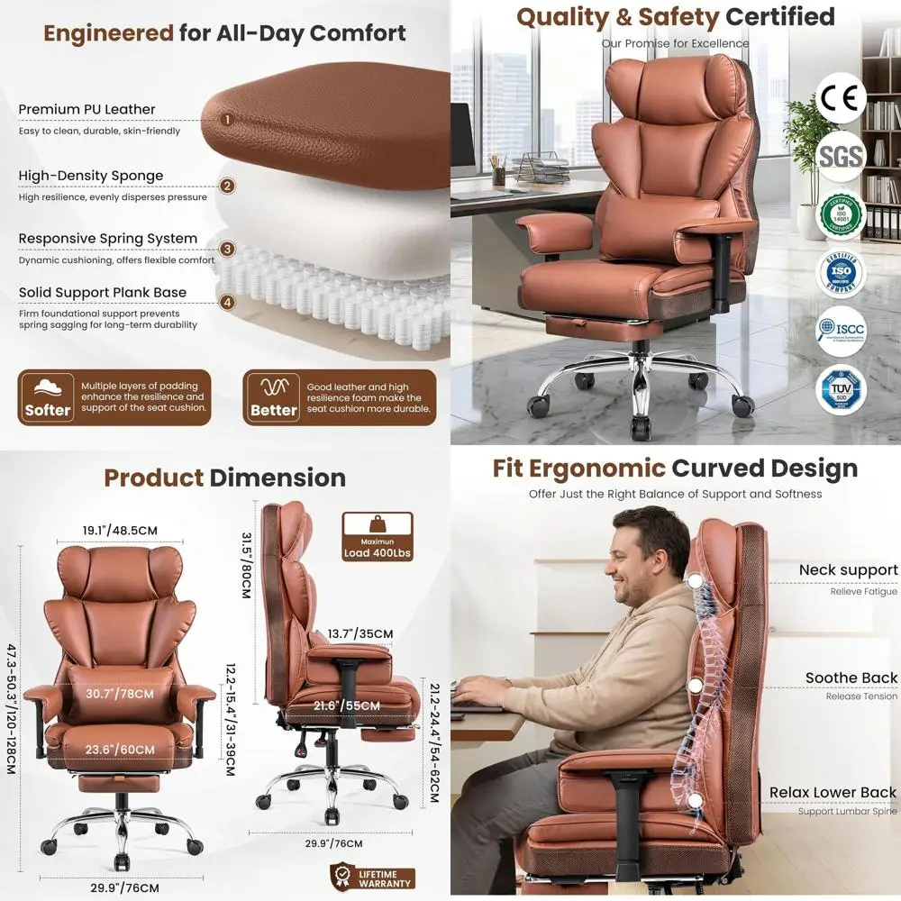 Ergonomic High-Back Office Chair for 400 lbs Capacity, Wide Seat with Footrest, Brown Leather
Ergonomic High-Back Office Chair for 400 lbs Capacity, Wide Seat with Footrest, Brown Leather