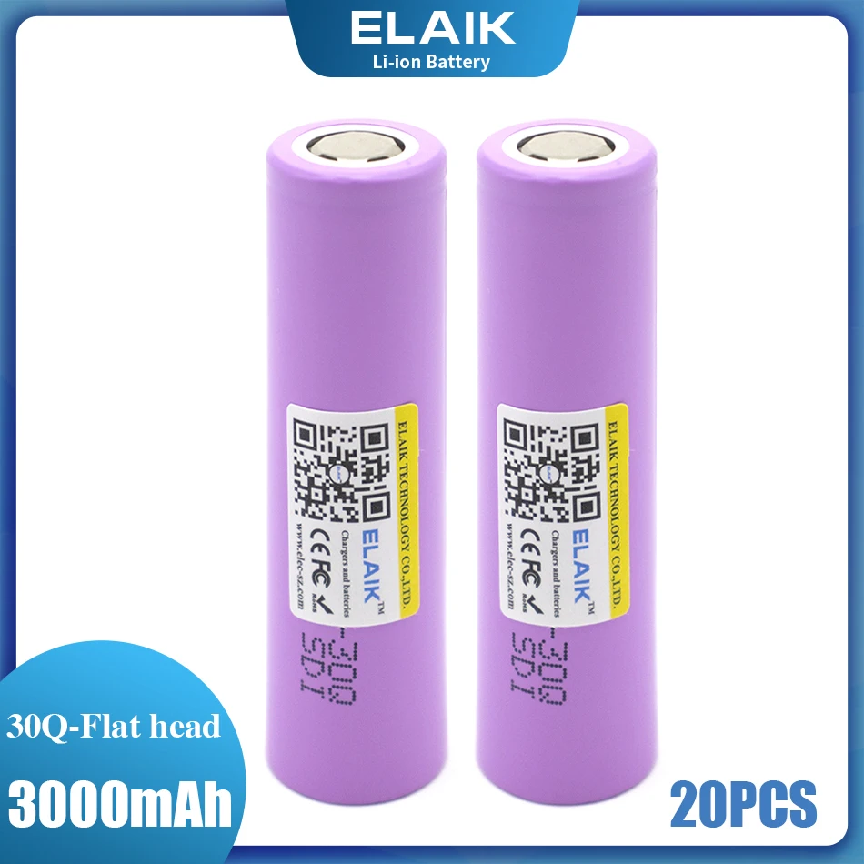 20PCS ELAIK New 30Q 18650 3000mAh battery in1865030q 3.6 V discharge 20A, dedicated For 30Q batteries Short hair
20PCS ELAIK New 30Q 18650 3000mAh battery in1865030q 3.6 V discharge 20A, dedicated For 30Q batteries Short hair