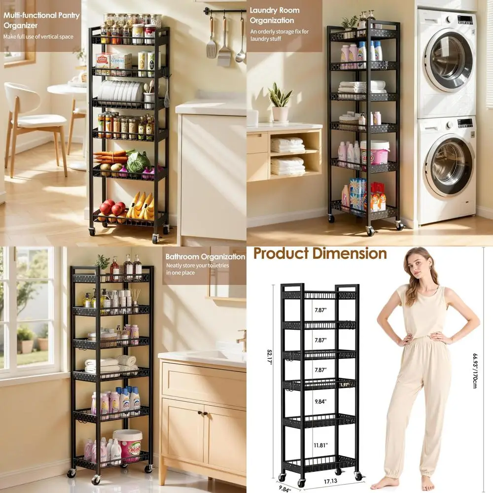 Narrow 6-Tier Rolling Storage Cart, Mobile Utility Organizer for Kitchen, Bath, Laundry, Living Spaces, 10 Wide, Black
Narrow 6-Tier Rolling Storage Cart, Mobile Utility Organizer for Kitchen, Bath, Laundry, Living Spaces, 10 Wide, Black