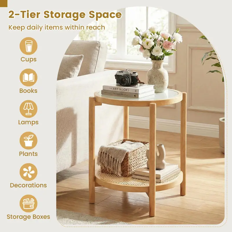 Round Side Table 2-Tier Boho End Table with Tempered Glass Top-Natural
Round Side Table 2-Tier Boho End Table with Tempered Glass Top-Natural