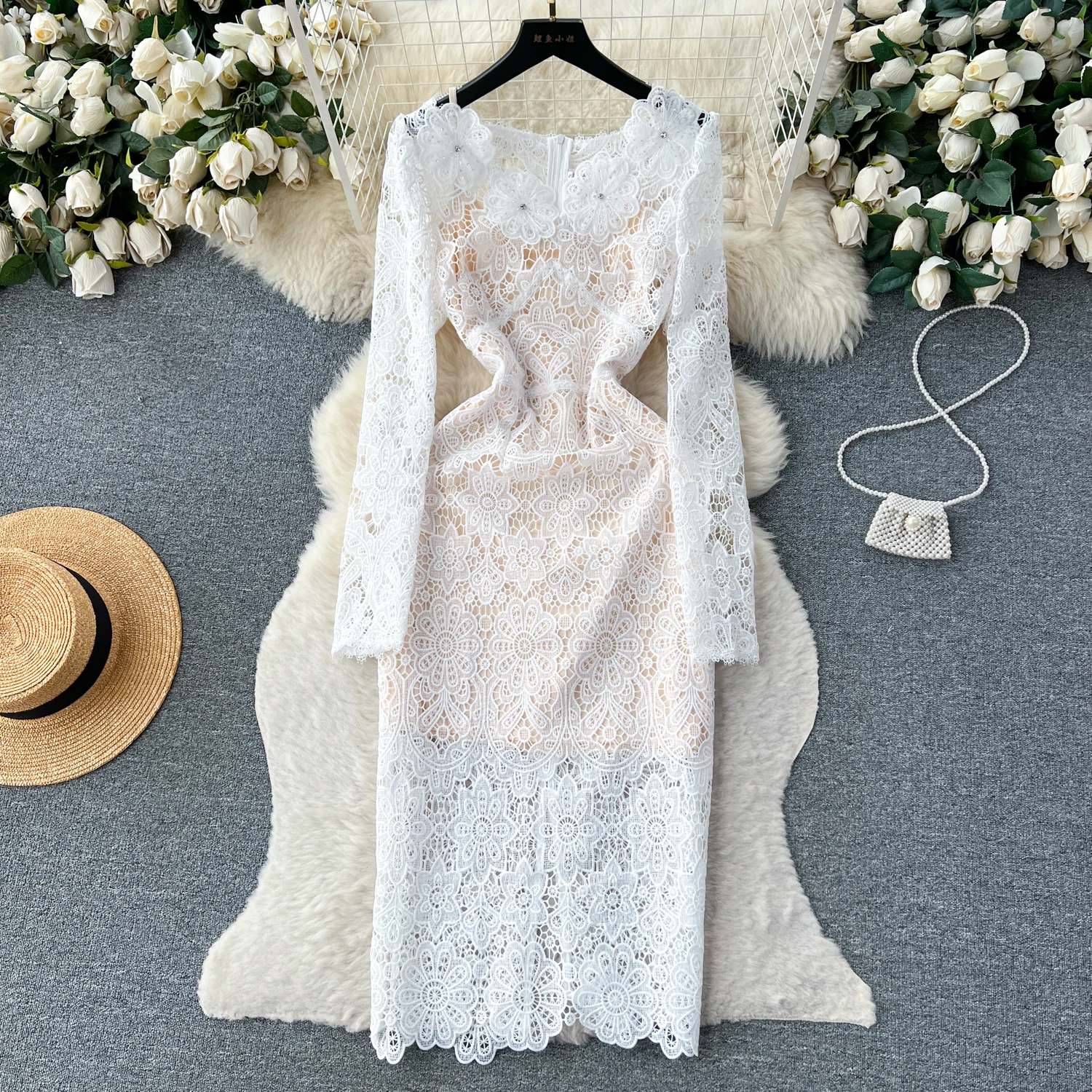 Long Sleeve Lace Dress Autumn Elegant O-neck Hollow Out Crochet Mid Length Vestidos And Inner Spaghetti Strap Dress 2pcs Set
Long Sleeve Lace Dress Autumn Elegant O-neck Hollow Out Crochet Mid Length Vestidos And Inner Spaghetti Strap Dress 2pcs Set