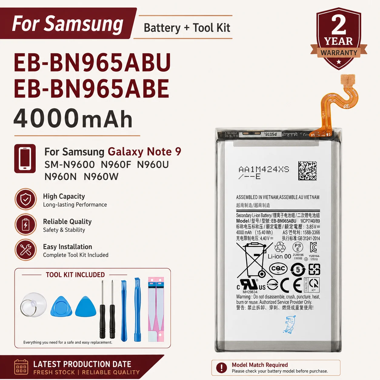 Brand New EB-BN965ABU EB-BN965ABE 4000mAh Phone Battery for Samsung Note9 Note 9 SM-N9600 N960F N960U/N960N N960W Cell Kit
Brand New EB-BN965ABU EB-BN965ABE 4000mAh Phone Battery for Samsung Note9 Note 9 SM-N9600 N960F N960U/N960N N960W Cell Kit