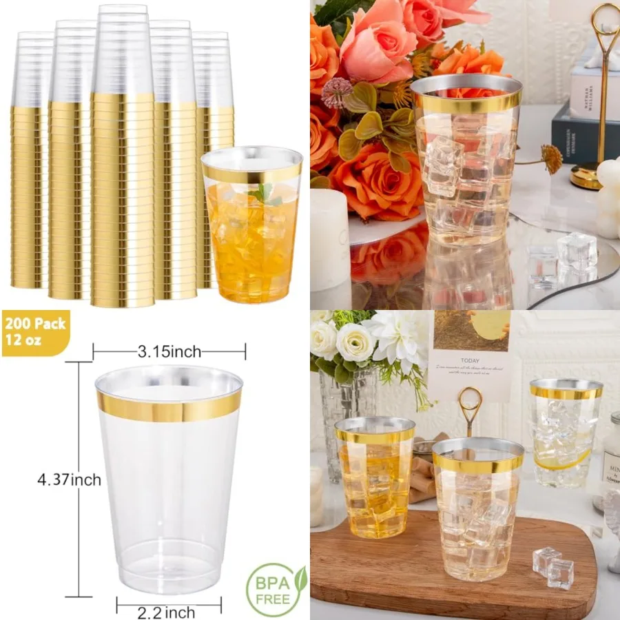 200 Pack 12 oz Gold Plastic Cups, Clear Disposable Cups, Disposable Plastic Wine Glasses Cocktail Glasses Premium Cups with Gol
200 Pack 12 oz Gold Plastic Cups, Clear Disposable Cups, Disposable Plastic Wine Glasses Cocktail Glasses Premium Cups with Gol