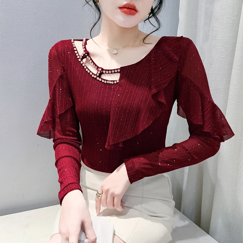 2024 New European Clothes Fall T-Shirt Chic Sexy O-Neck Ruffles Hollow Out Beading Women's Tops Long Sleeve Elastic Tees 49051
2024 New European Clothes Fall T-Shirt Chic Sexy O-Neck Ruffles Hollow Out Beading Women's Tops Long Sleeve Elastic Tees 49051