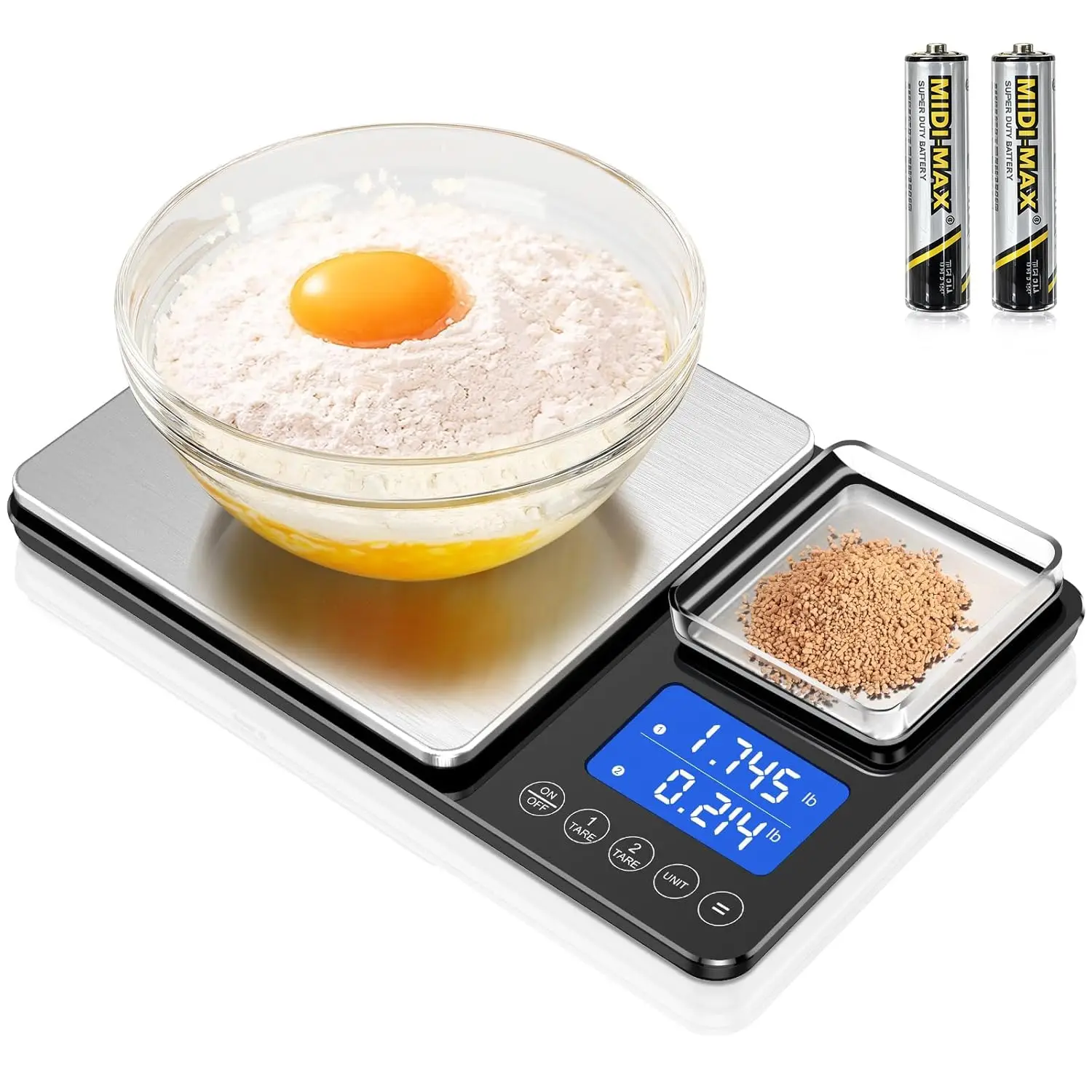 Dual Platform Food Kitchen Scale: 0.001oz/33lbs, Grams & Ounces, for Baking, Cooking with Tare & Accumulation
Dual Platform Food Kitchen Scale: 0.001oz/33lbs, Grams & Ounces, for Baking, Cooking with Tare & Accumulation