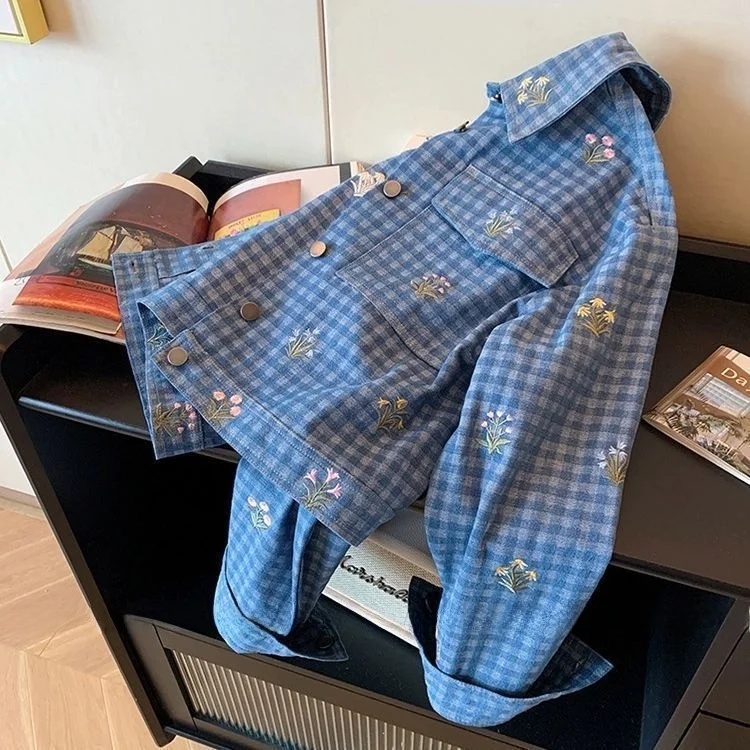 Large Size 300 Pou Plaid Floral Embroidery Denim Jaet ex Spring Autumn Casual Design Loose Fit Classic Sle
Large Size 300 Pou Plaid Floral Embroidery Denim Jaet ex Spring Autumn Casual Design Loose Fit Classic Sle