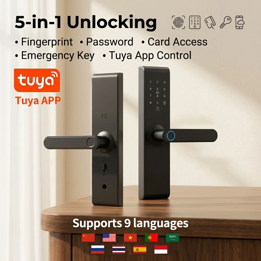 Work with Tuya Smart Door Lock WiFi Fingerprint IC Card Password 5050 Mortise 9 Languages for Hotel Apartment Wooden Door
Work with Tuya Smart Door Lock WiFi Fingerprint IC Card Password 5050 Mortise 9 Languages for Hotel Apartment Wooden Door
