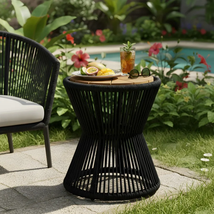 Outdoor Side Table for Patio Deck Garden Balcony, Black Rope Acacia Wood, Elegant Hourglass Design, Weather Resistant, Modern M
Outdoor Side Table for Patio Deck Garden Balcony, Black Rope Acacia Wood, Elegant Hourglass Design, Weather Resistant, Modern M