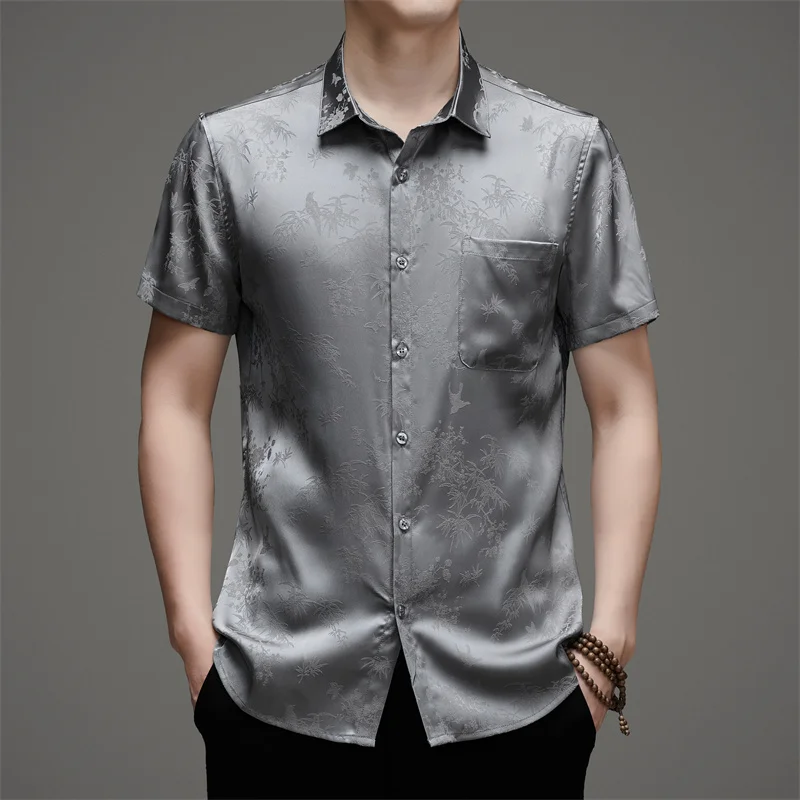 High-End Silk Blends Shirts For Men Short Sleeve Seamless Pocket Summer Quality Smooth Comfortable Gentleman Lapel Chemise Homme 
High-End Silk Blends Shirts For Men Short Sleeve Seamless Pocket Summer Quality Smooth Comfortable Gentleman Lapel Chemise Homme