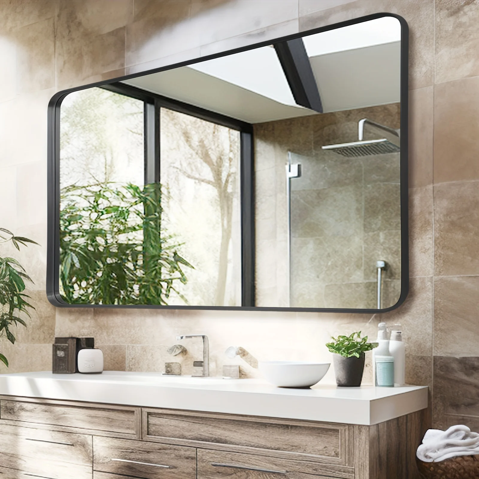 Bathroom Mirror, Large Rectangle Wall Mirror With Black Aluminum Deep Frame Rounded Corner, Wall Mounted Mirror For For Bedroom Entryway Living Room Wall Decor
Bathroom Mirror, Large Rectangle Wall Mirror With Black Aluminum Deep Frame Rounded Corner, Wall Mounted Mirror For For Bedroom Entryway Living Room Wall Decor