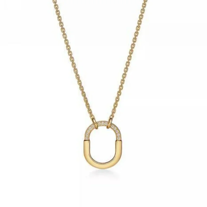 Yellow Gold Diamond U-Link Pendant Necklace, Modern Geometric Design
Yellow Gold Diamond U-Link Pendant Necklace, Modern Geometric Design