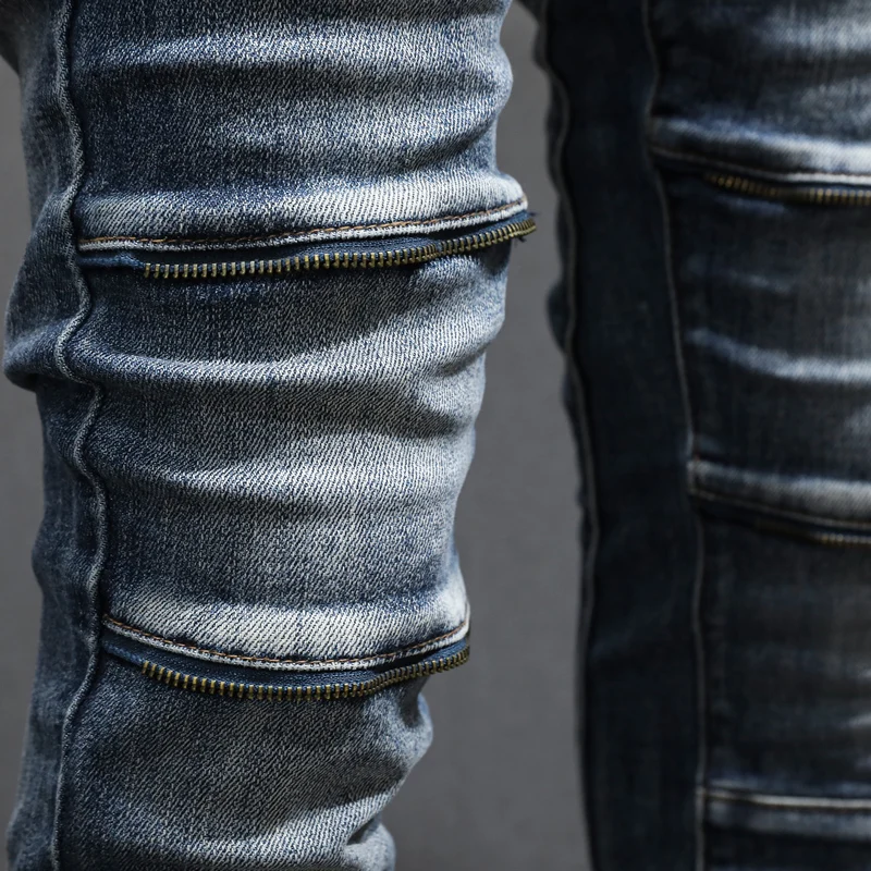 Street Fashion Men's Y2KJeans Retro Blue Water Washed Elastic Slim Fit Split Leather L Zipper Decorative Jeans Men's Designer Hi 
Street Fashion Men's Y2KJeans Retro Blue Water Washed Elastic Slim Fit Split Leather L Zipper Decorative Jeans Men's Designer Hi