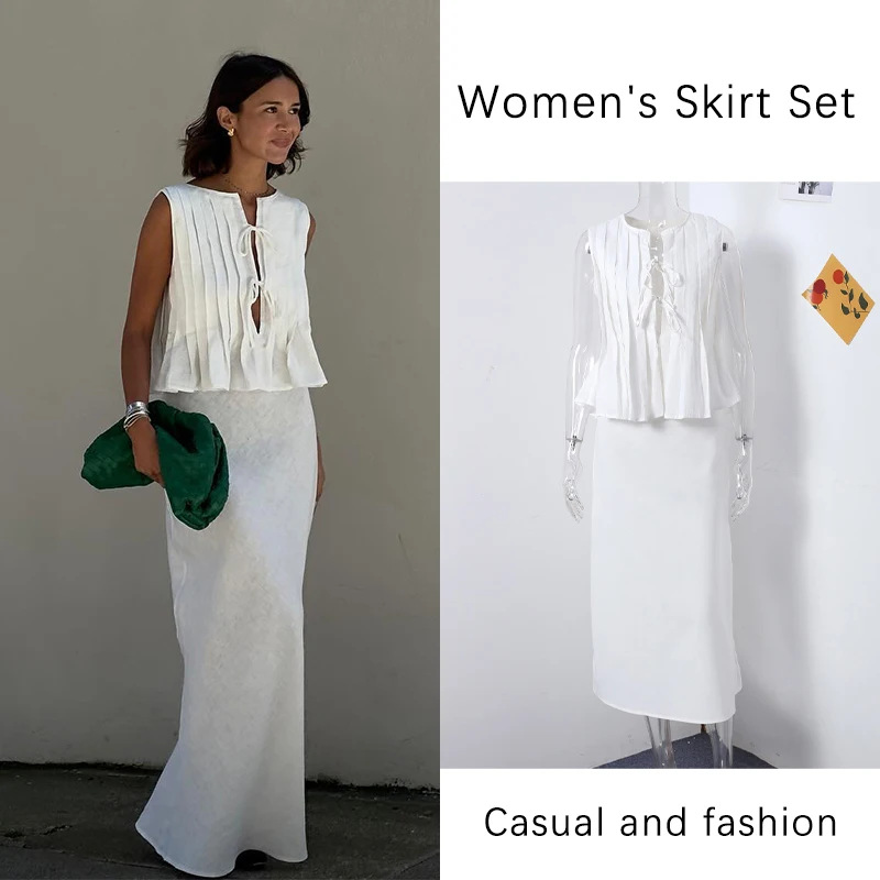 Elegant Solid Color Lace Up Vest Long Skirt Suits Women O-neck Sleeveless Ruffles Tank High Waist A-line Skirts Chic Female Sets
Elegant Solid Color Lace Up Vest Long Skirt Suits Women O-neck Sleeveless Ruffles Tank High Waist A-line Skirts Chic Female Sets